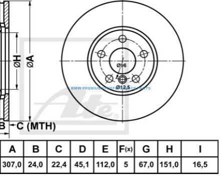 ATE TARCZE HAMULCOWE BMW 2 F45 F46 X1 F48 X2 F39 PRZÓD 307X24MM